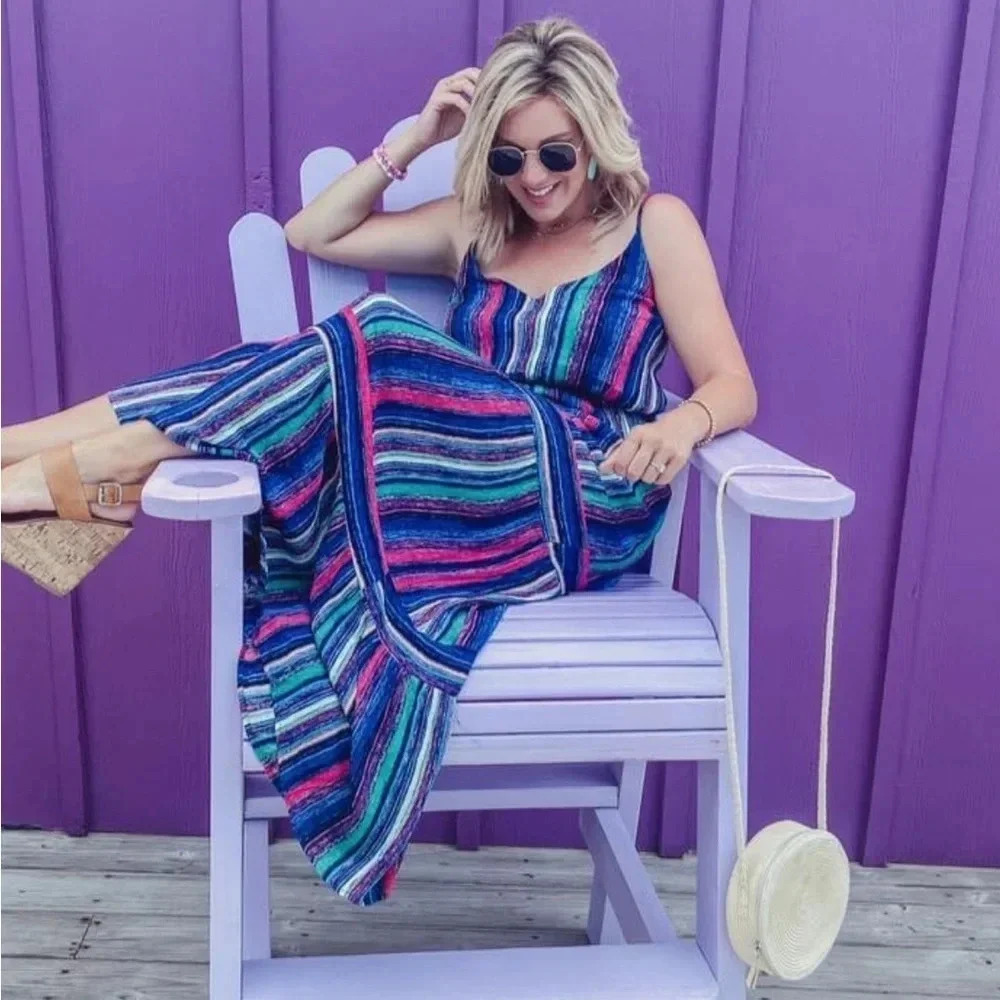 BEAUTIFUL FUN COLORFUL STRIPED MAXI DRESS SIZE MEDIUM